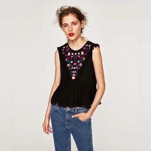 Zara Black Swiss Dot Embroidered Crop Peplum Sleeveless Top Blouse Small S - Picture 1 of 8